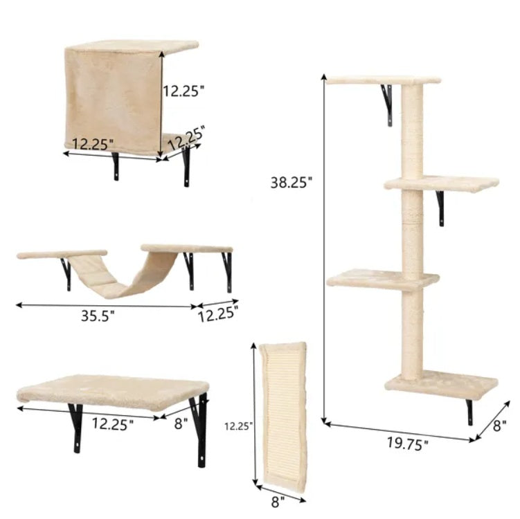 5 Pcs Wall Mounted Cat Climber Set Floating Cat Shelves Perches Activity Tree with Scratching Posts Modern Cat Furniture for Indoor Cats Wall Mounted Cat Steps Scratching Platforms Set