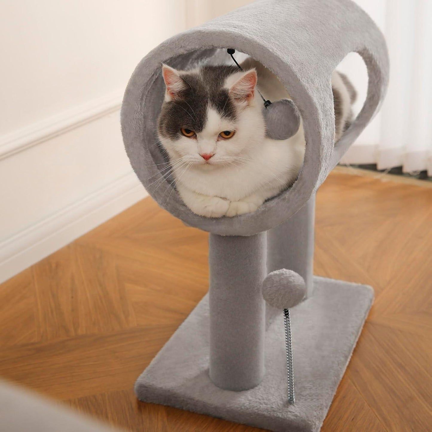 Premium Gray Indoor Cat Tree - 20.5in with Hanging Ball | Tunnel Bed, Scratching Post & Cat Tower