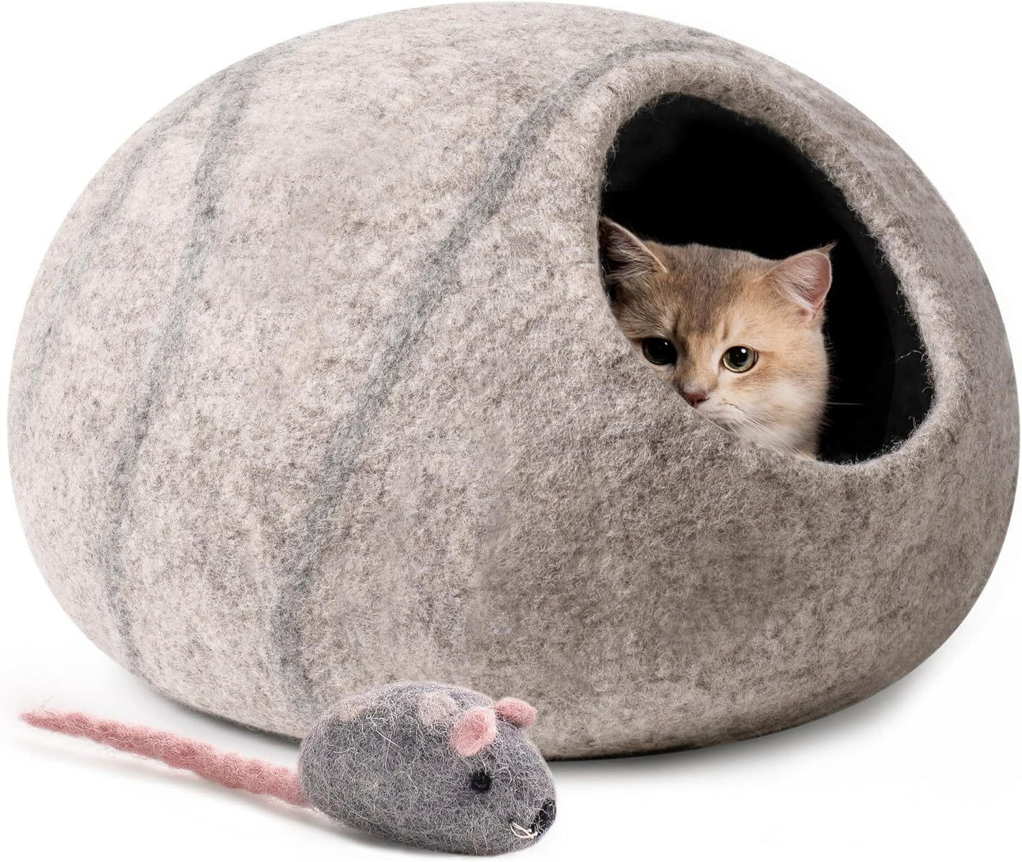 MEWOOFUN Handmade Wool Cat Cave Bed - Natural Felt Cat House For Indoor Cats & Kittens, Cozy Hideaway Pet Bed With Breathable Design Grey, Medium