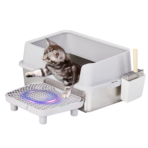 61x40x33CM Stainless Steel Plastic Litter Box Upper Lower Snap Type with Litter Spatula Foot Pad Grey