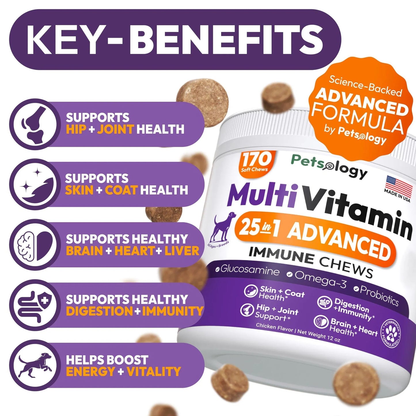 Vet - Recommended Dog Multivitamin Chews with Glucosamine - 170 Chews for Hip & Joint Health Support Immune, Skin, Coat, Gut & Heart Suitable for Senior Dogs & Puppies