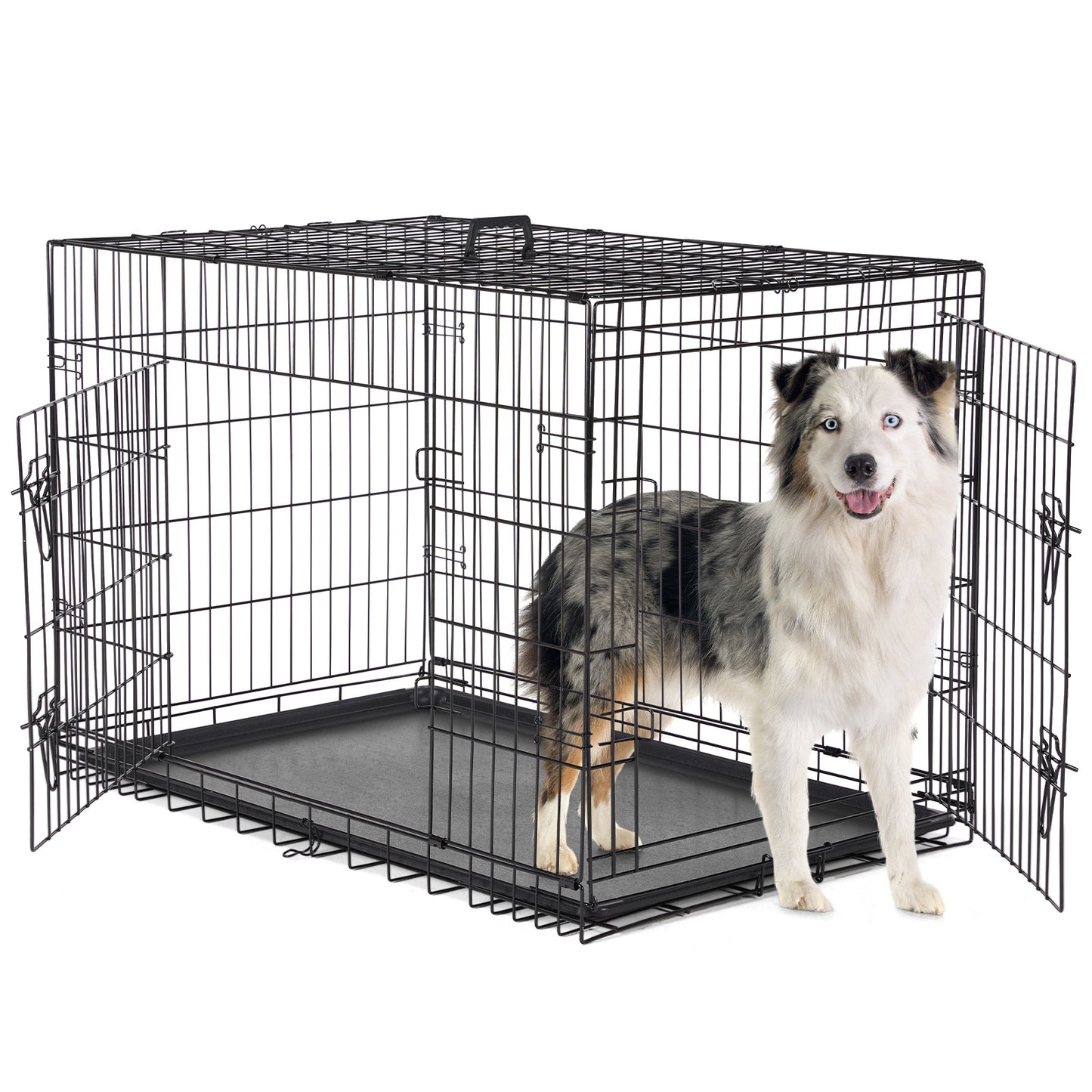 2-Door Dog Cage Heavy Duty Metal Dog Crate with Double Doors Foldable Portable Pet Kennel for Medium Large Dogs Indoor Outdoor Travel Crate with Divider Tray Leak-Proof Design Pet Supplies