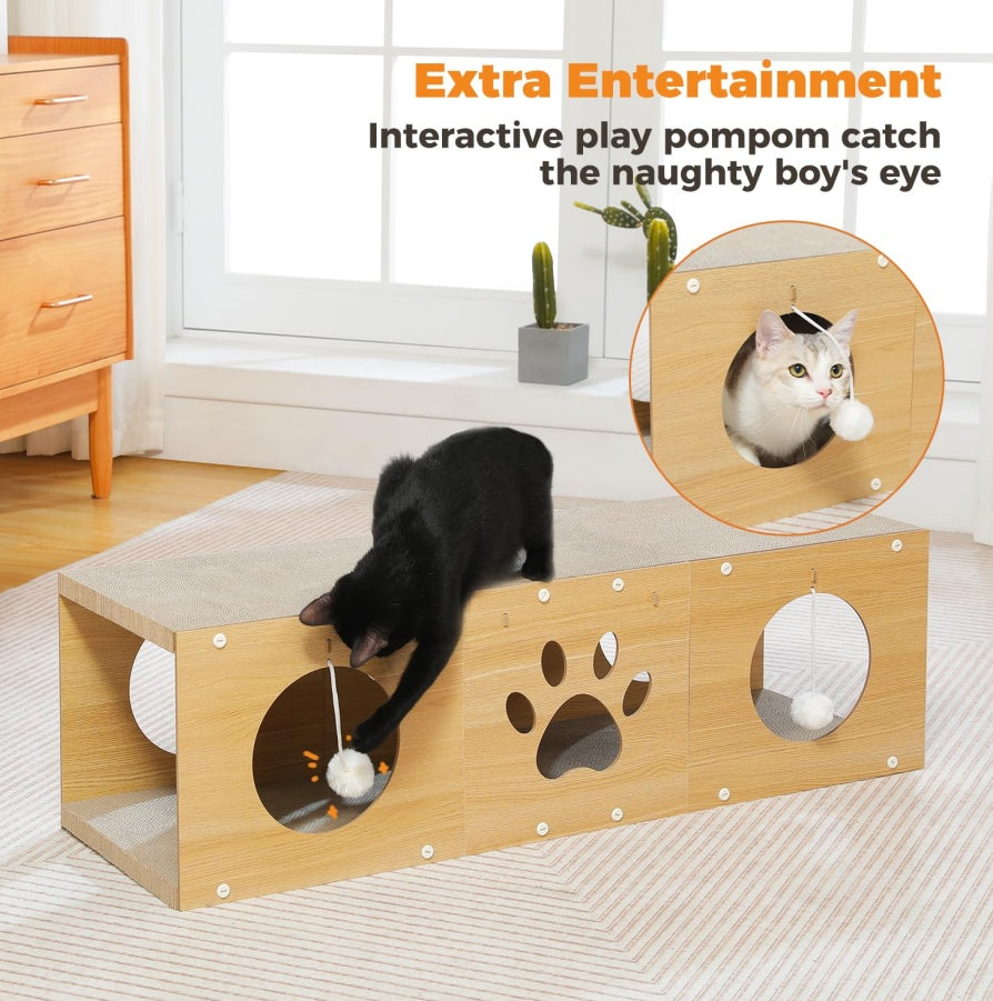 MUlti-Hole Fun Cat Tunnel With Scratching Board And Game Pom Pom Cat Tunnel House, Interactive Cat Scratching House, Self-improvement Drilling Hole Teaser, Must-have For Multi-Cat Families