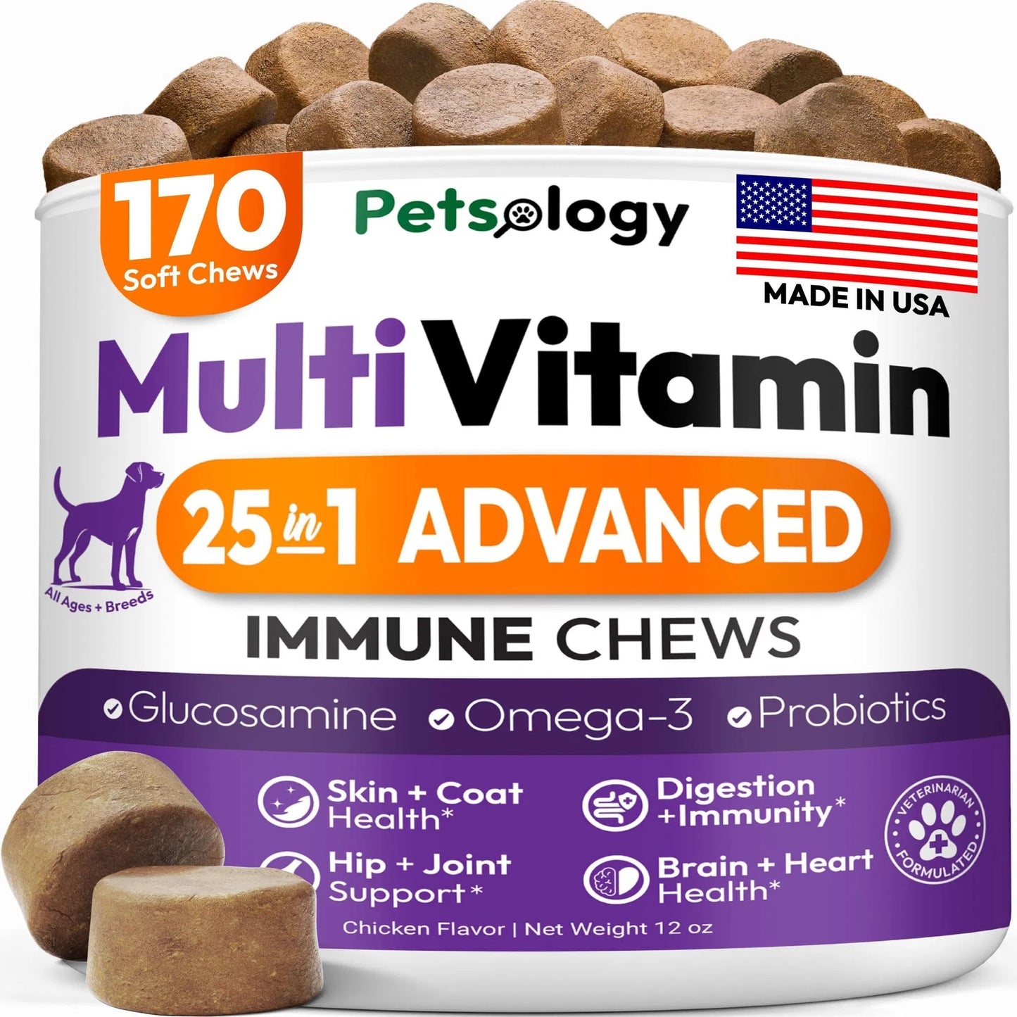 Vet - Recommended Dog Multivitamin Chews with Glucosamine - 170 Chews for Hip & Joint Health Support Immune, Skin, Coat, Gut & Heart Suitable for Senior Dogs & Puppies