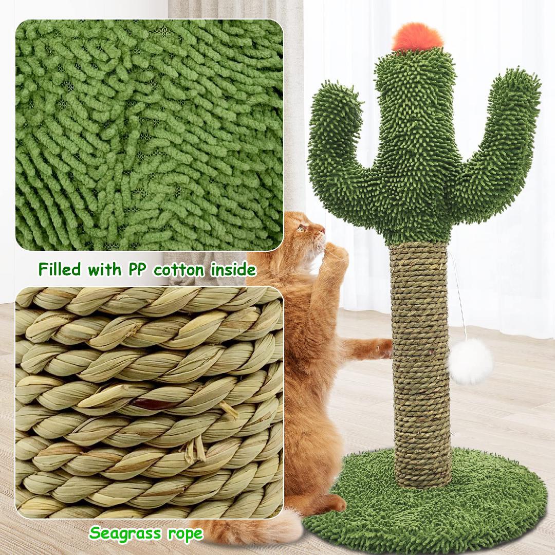Cactus Shaped 2 in 1 Cat Climbing Tree Solid Wooden Base Natural Sisal Scratching Post with Suspended Balls Indoor Multi Level Activity Center for Climbing Claw Sharpening Play Cat Tree