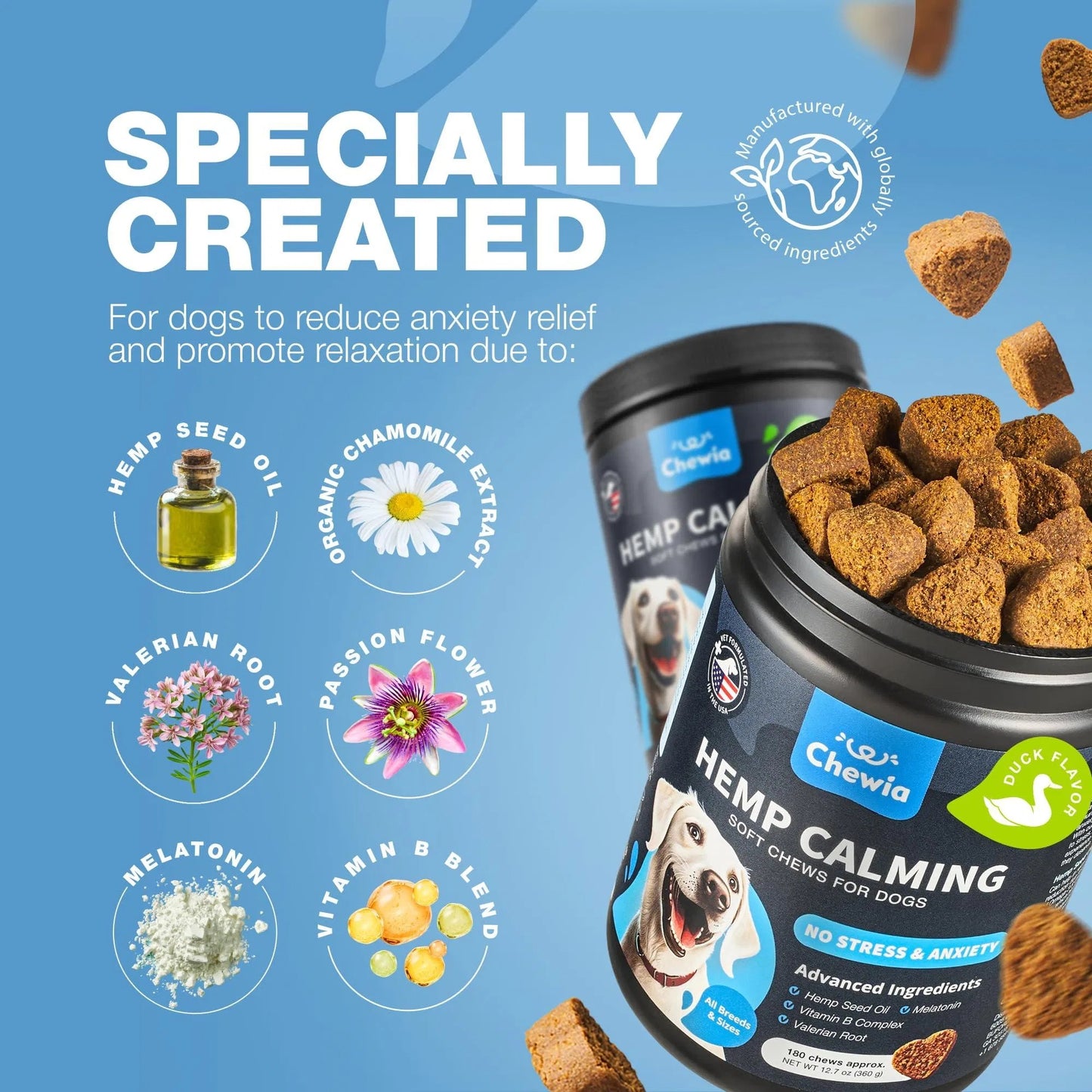 Advanced Natural Hemp Calming Treats for Dogs with Melatonin, Valerian Root, Chamomile & Vitamin B Complex Anxiety Relief for Vet Visits, Grooming, Travel & Fireworks Calming Chews for Thunderstorms, Separation & Daily Stress
