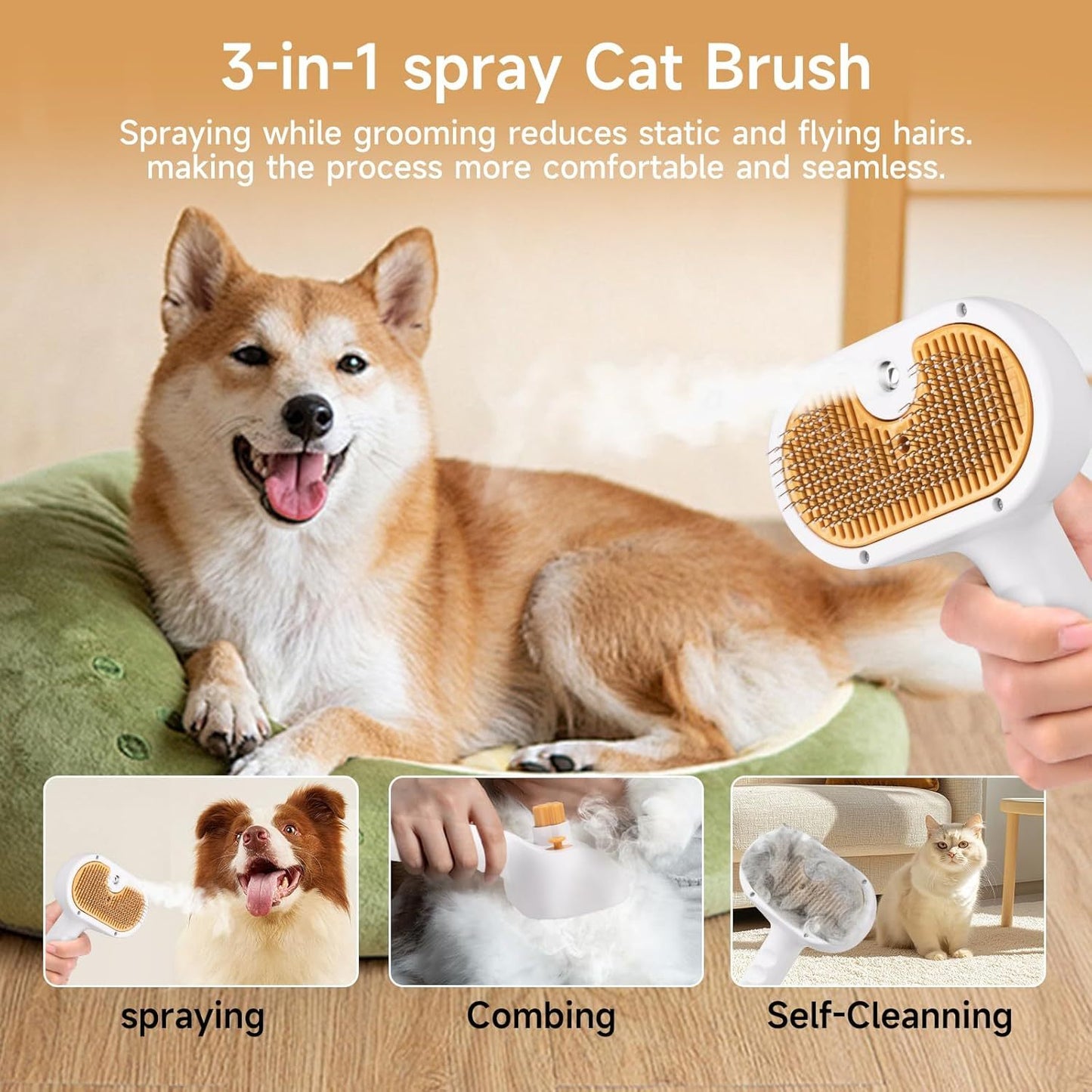 Universal 3 in 1 Pet Steam Brush for Cats Dogs Spray Hair Removal Comb with Waterless Shampoo Ear Towel Pet Grooming Tool for Home Travel Easy Grooming Deshedding Cleaning