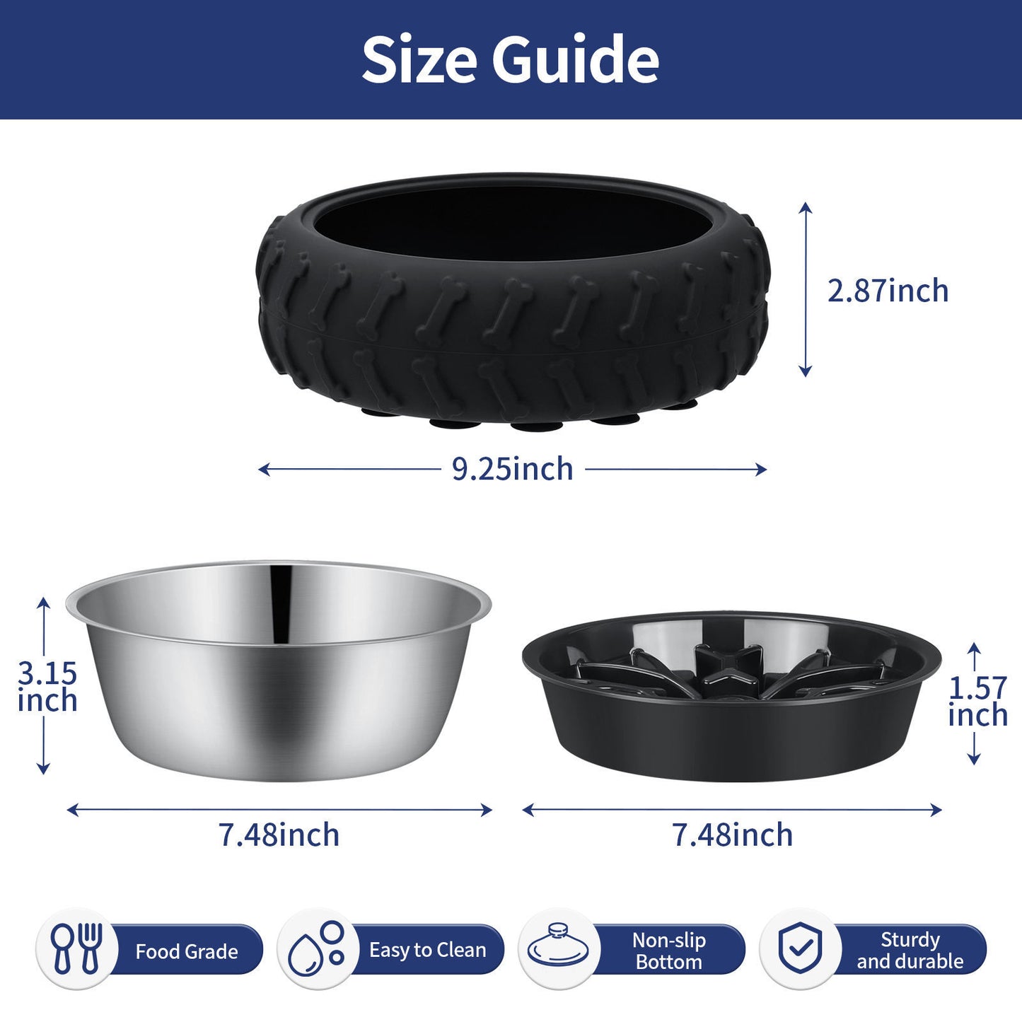 Stainless Steel Healthy Slow Feeder Bowl 3-in-1 Multifunctional Pet Bowl Tire Design Slow Feeding Drinking Bowl for Dogs Cats Anti-Choke Non-Slip Pet Food Bowl Durable Pet Supplies