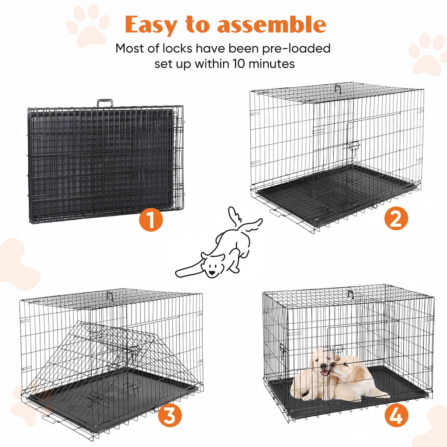 2-Door Dog Cage Heavy Duty Metal Dog Crate with Double Doors Foldable Portable Pet Kennel for Medium Large Dogs Indoor Outdoor Travel Crate with Divider Tray Leak-Proof Design Pet Supplies
