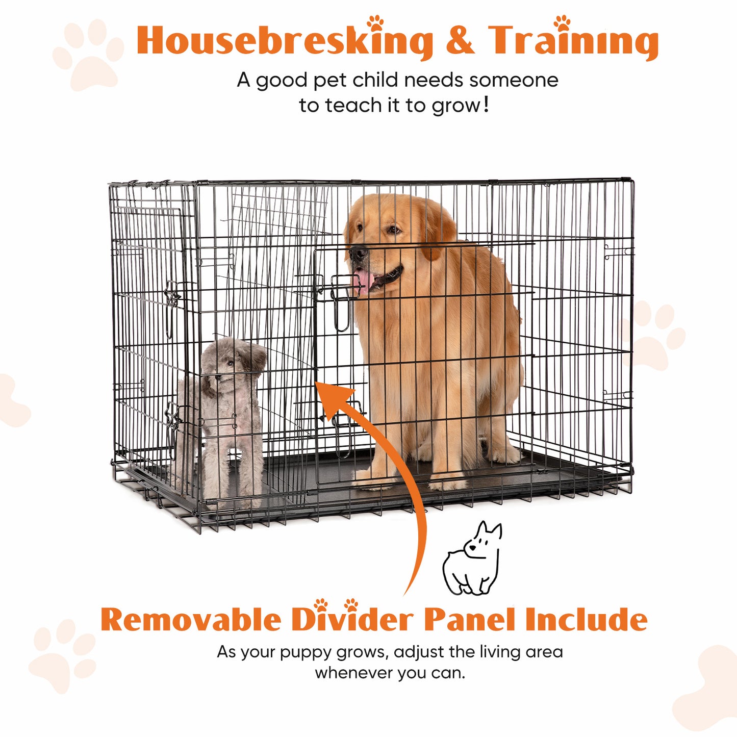 2-Door Dog Cage Heavy Duty Metal Dog Crate with Double Doors Foldable Portable Pet Kennel for Medium Large Dogs Indoor Outdoor Travel Crate with Divider Tray Leak-Proof Design Pet Supplies