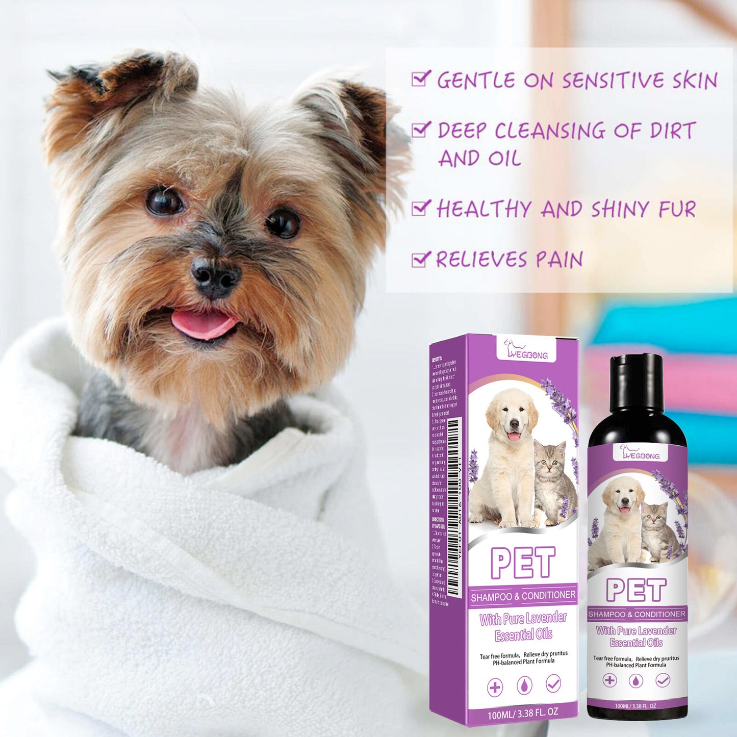 Premium Lavender Oil Pet Shampoo - Mild Plant Formula for Skin pH Balance | Flea Repellent & Deep Cleansing | Fresh Scent for Happy Pets