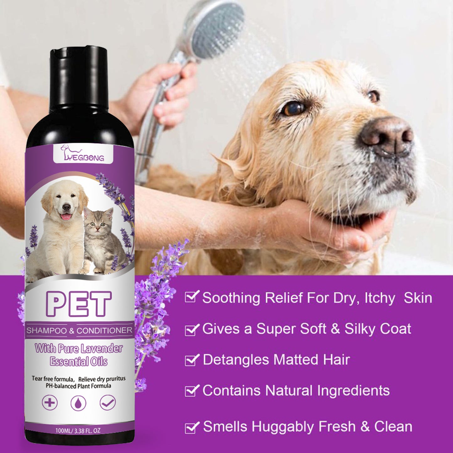 Premium Lavender Oil Pet Shampoo - Mild Plant Formula for Skin pH Balance | Flea Repellent & Deep Cleansing | Fresh Scent for Happy Pets
