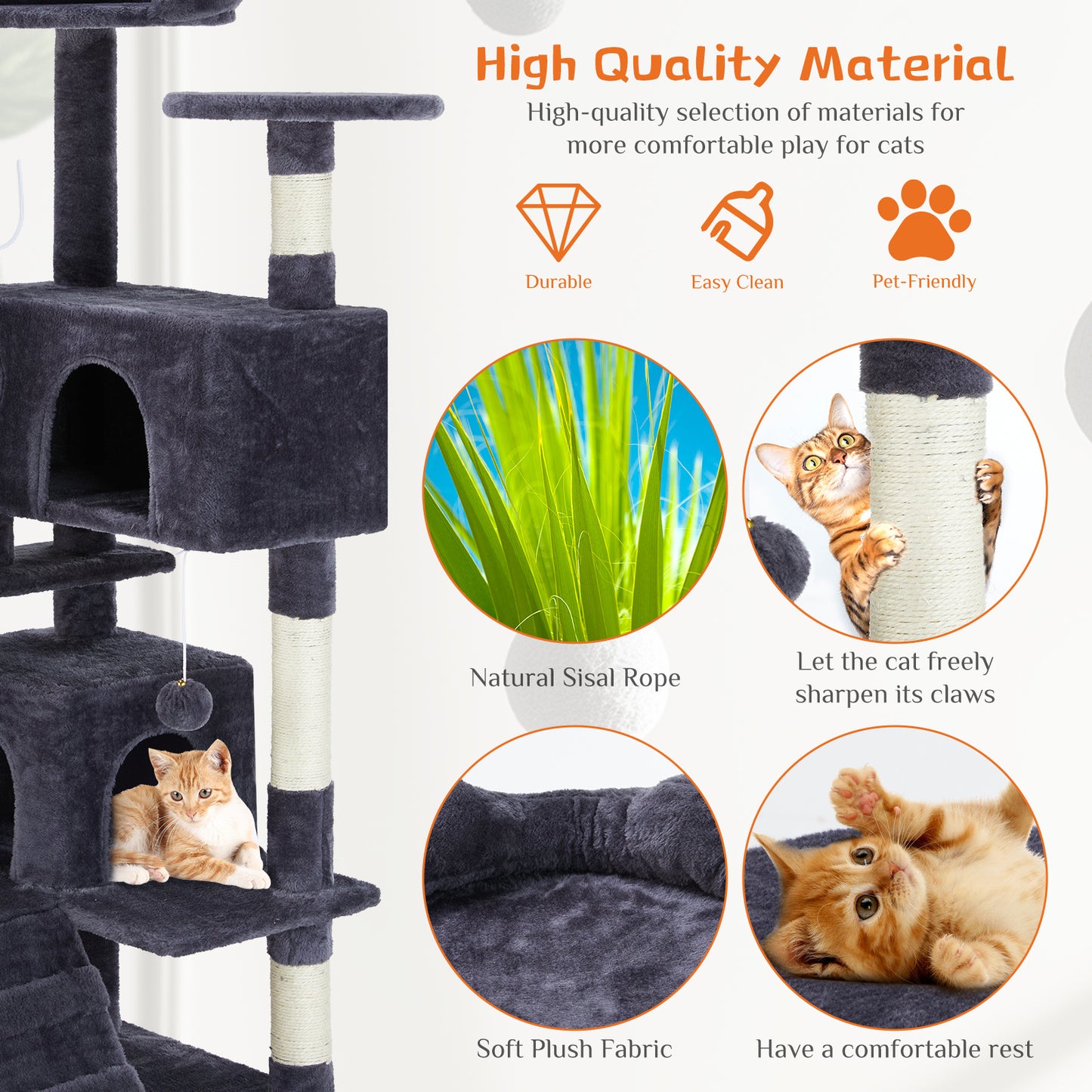 Multi-Functional Cat Treehouse Cat Climbing Frame with Scratching Posts Perches Hammock Toy Balls Sisal Rope Cat Activity Center for Indoor Cats Kittens Multi-Level Cat Furniture Scratch Resistant Pet Supplies