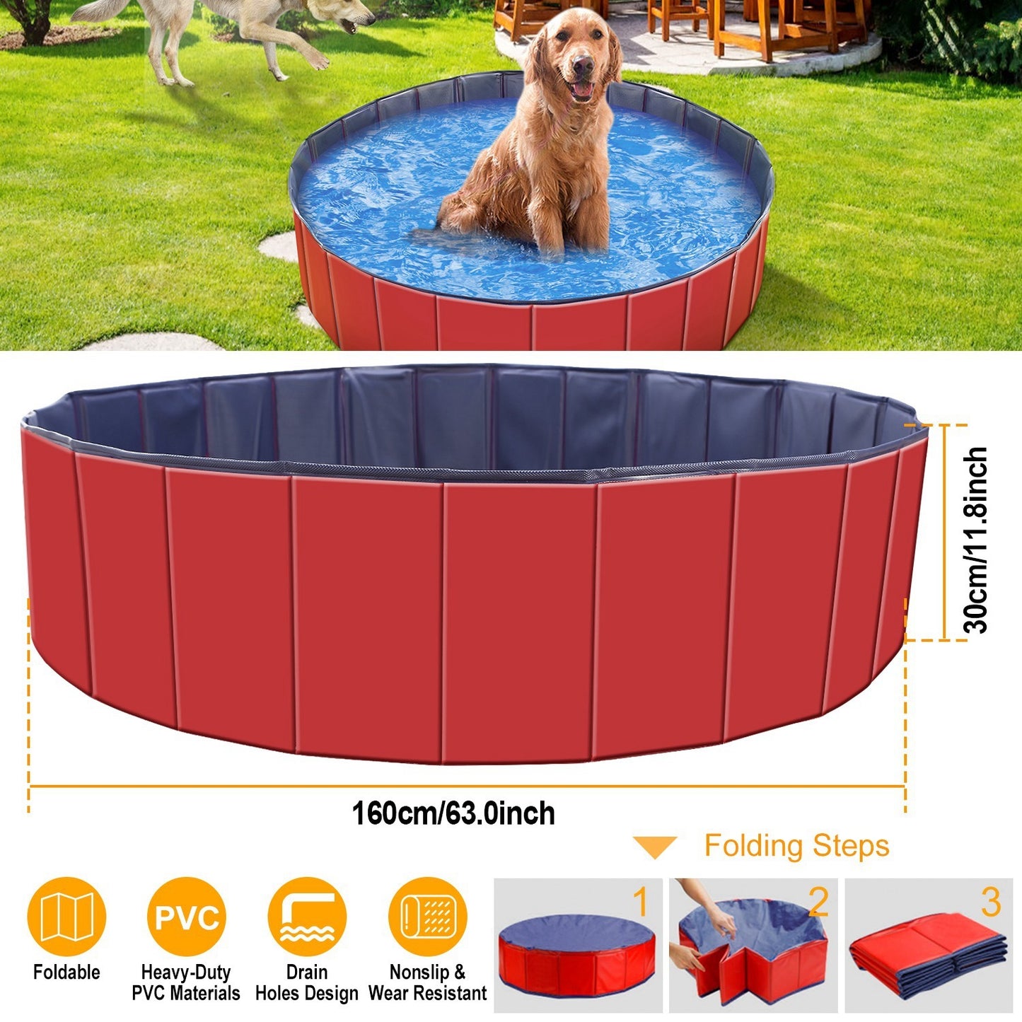 160x160x30cm Foldable Pet Swimming Pool PVC Dog Swim Bath Tub Playmat Portable Collapsible Pet Pool for Dogs Cats Outdoor Indoor Easy Setup Backyard Garden Summer Pet Supplies