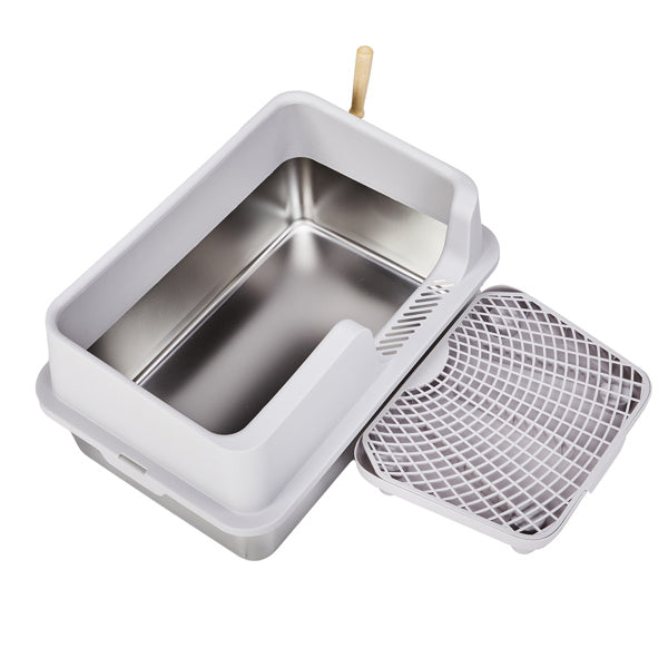 61x40x33CM Stainless Steel Plastic Litter Box Upper Lower Snap Type with Litter Spatula Foot Pad Grey