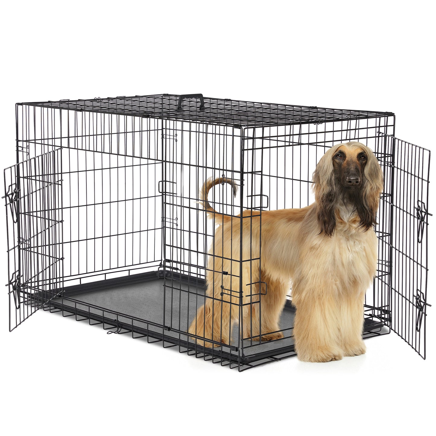 2-Door Dog Cage Heavy Duty Metal Dog Crate with Double Doors Foldable Portable Pet Kennel for Medium Large Dogs Indoor Outdoor Travel Crate with Divider Tray Leak-Proof Design Pet Supplies