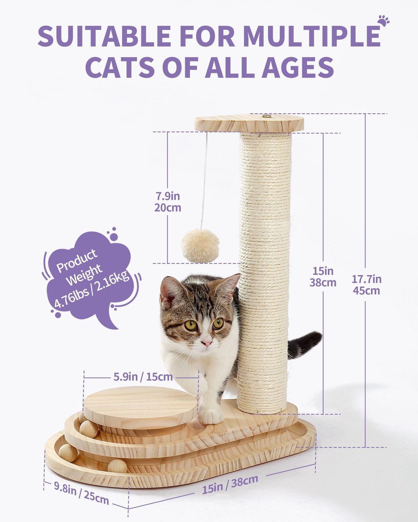 Cat Scratcher Toy 2 Level Balls Natural Sisal Post Furry Ball Fun Protects Furniture Keeps Cats Busy Safe Durable for All Cat Ages Fits Home Decor