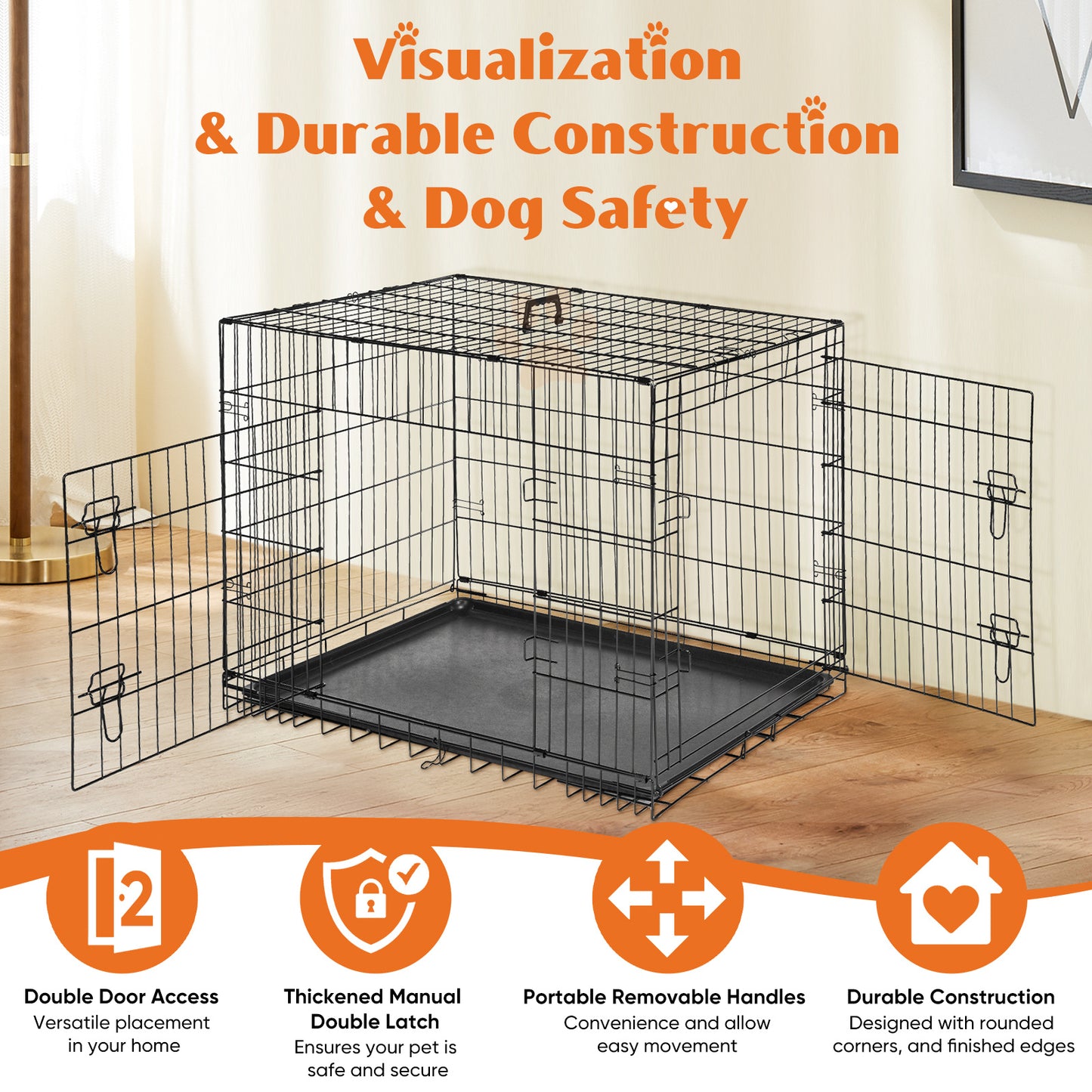 2-Door Dog Cage Heavy Duty Metal Dog Crate with Double Doors Foldable Portable Pet Kennel for Medium Large Dogs Indoor Outdoor Travel Crate with Divider Tray Leak-Proof Design Pet Supplies