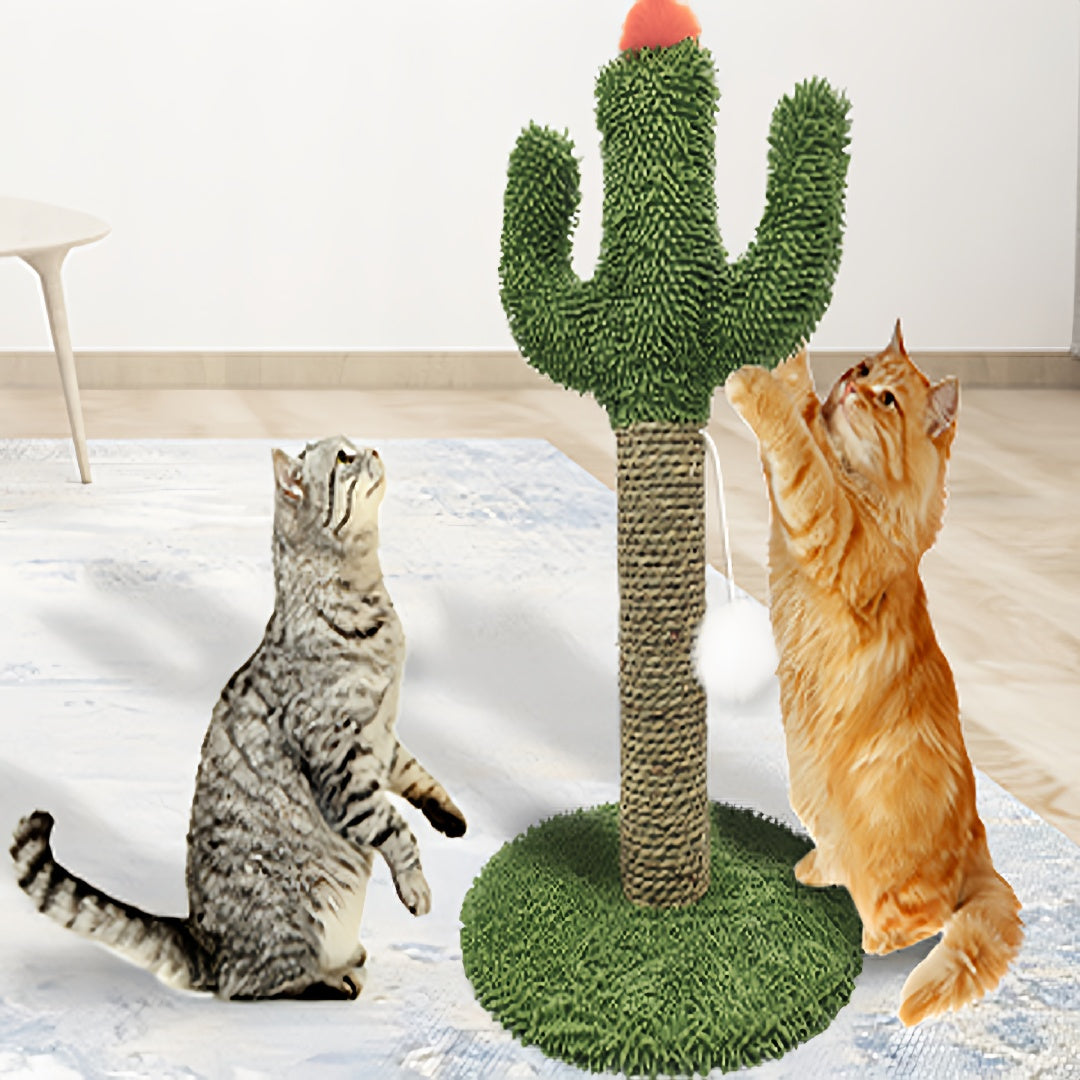 Cactus Shaped 2 in 1 Cat Climbing Tree Solid Wooden Base Natural Sisal Scratching Post with Suspended Balls Indoor Multi Level Activity Center for Climbing Claw Sharpening Play Cat Tree