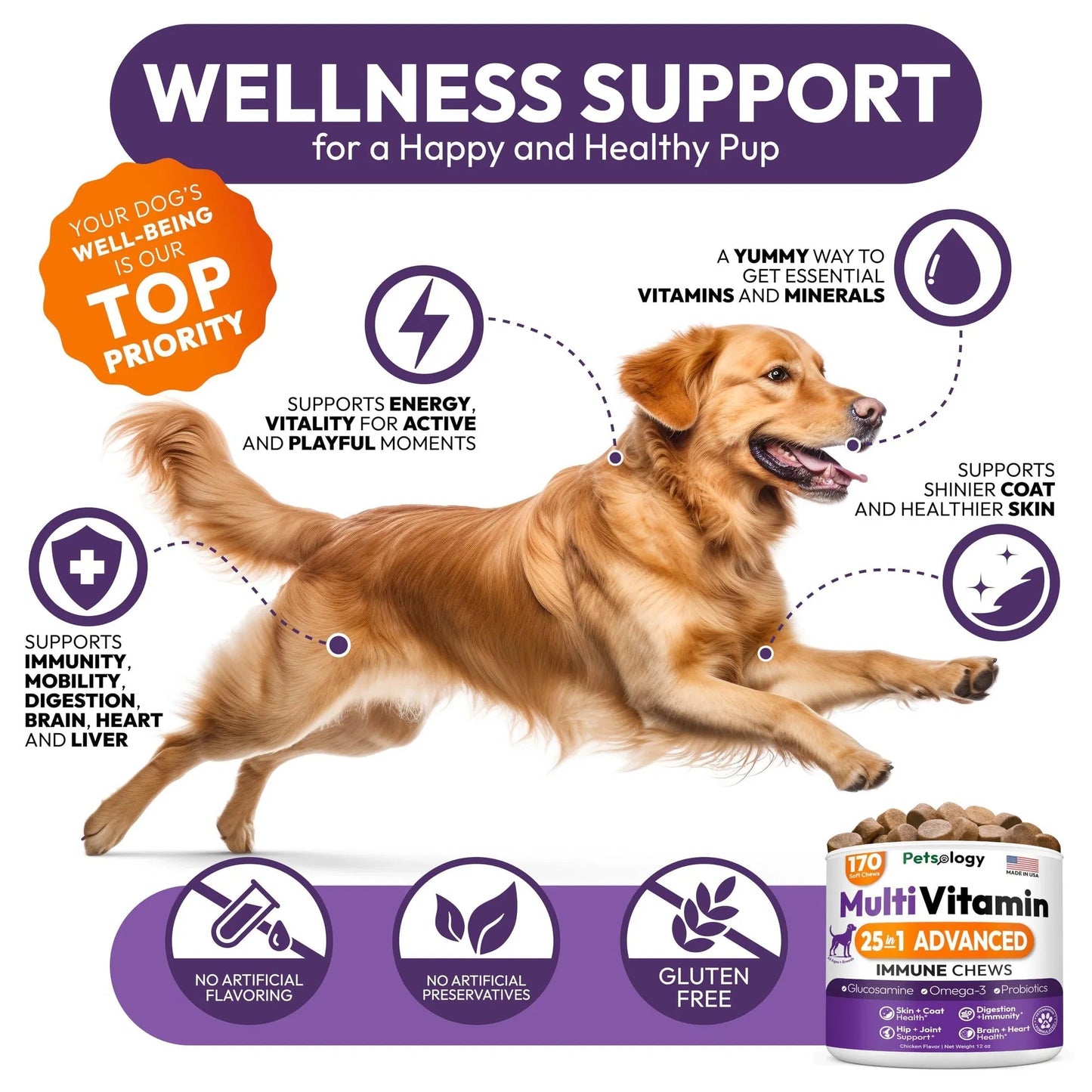 Vet - Recommended Dog Multivitamin Chews with Glucosamine - 170 Chews for Hip & Joint Health Support Immune, Skin, Coat, Gut & Heart Suitable for Senior Dogs & Puppies