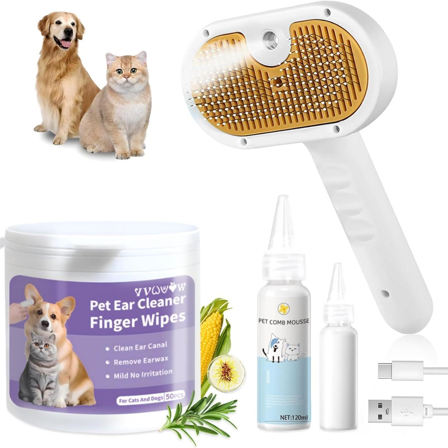 Universal 3 in 1 Pet Steam Brush for Cats Dogs Spray Hair Removal Comb with Waterless Shampoo Ear Towel Pet Grooming Tool for Home Travel Easy Grooming Deshedding Cleaning
