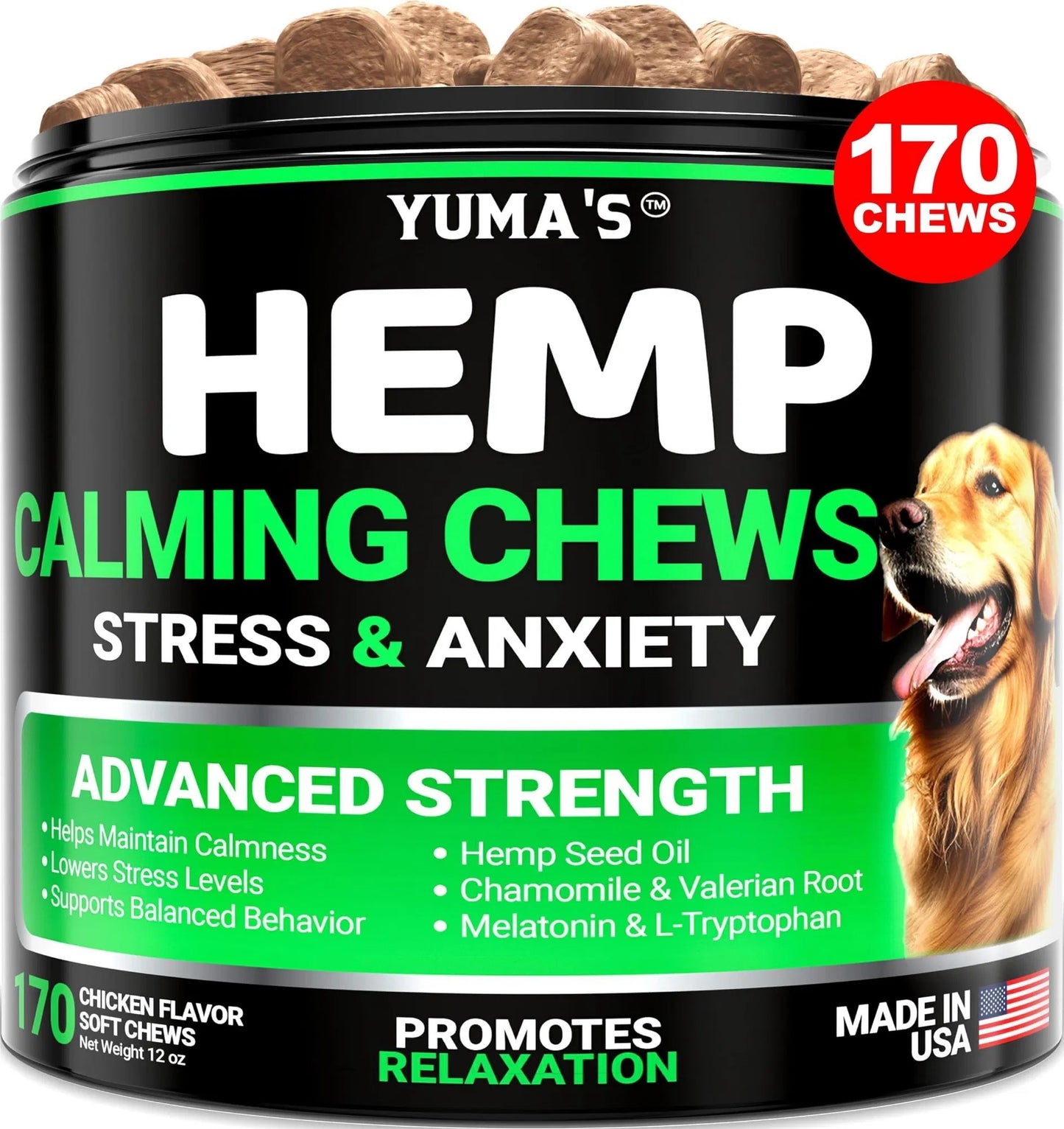 Advanced Natural Hemp Calming Treats for Dogs - 170 Delicious Chews Anxiety Relief for Separation, Barking & Thunderstorms - with Melatonin & Hemp Oil