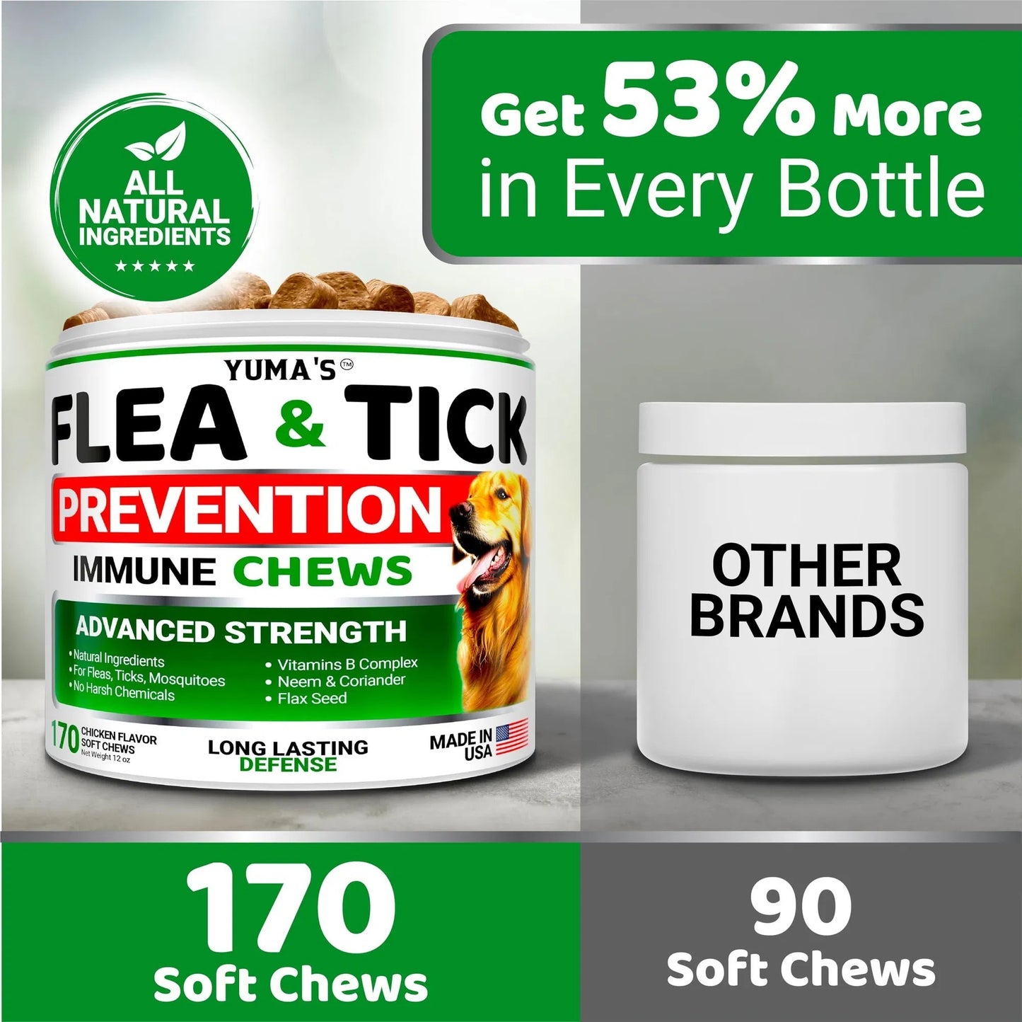USA-Made Natural Flea & Tick Chewables for Dogs - 170 Treats All-Breed & All-Age Prevention - Delicious Tasty Flea Tick Treatment