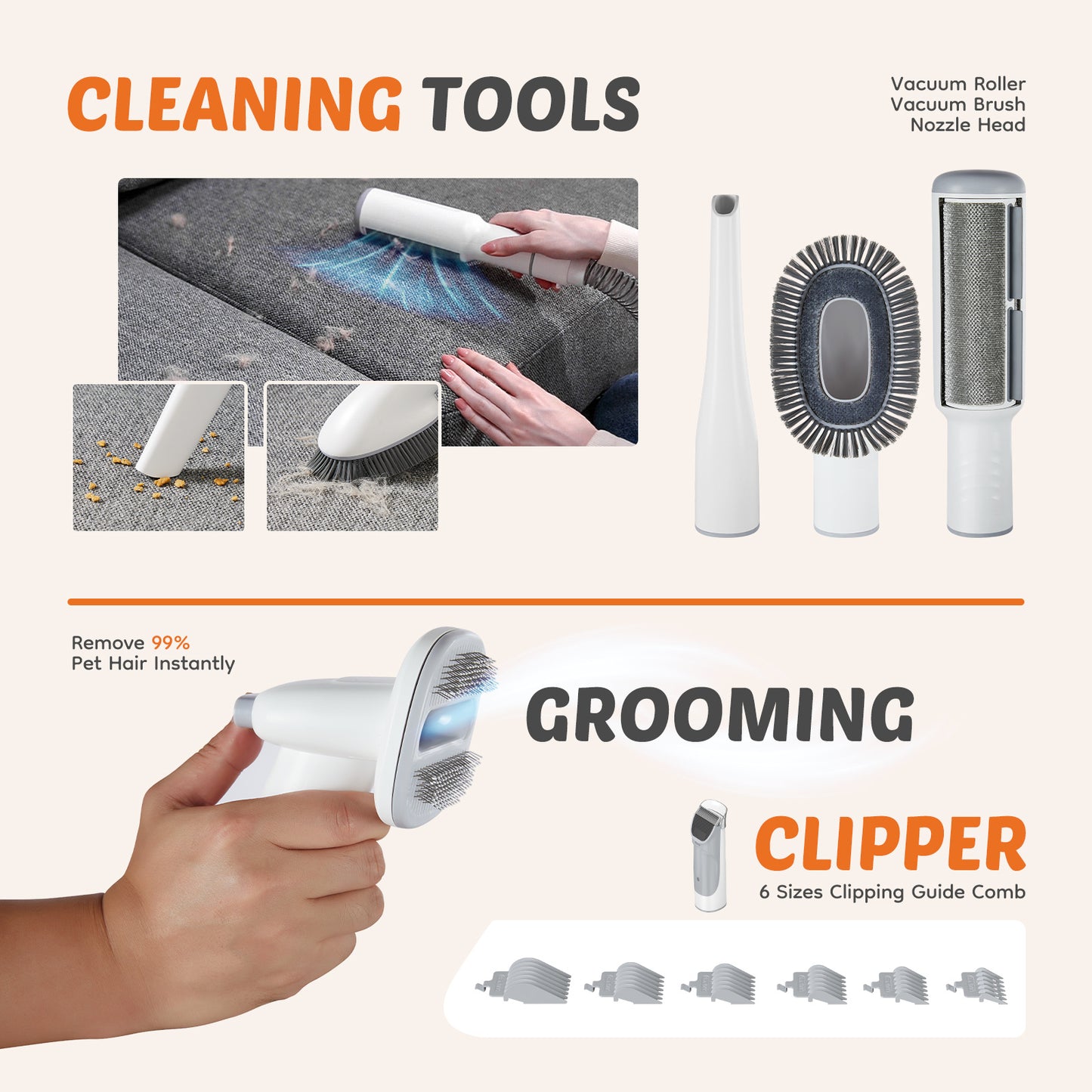 Pet Grooming Cleaning Kit 6 Size Clipper Guide Comb 99% Pet Hair Removal Vacuum Roller Brush Nozzle Head Multi Tool Set for Home Sofa Car Pet Hair Care