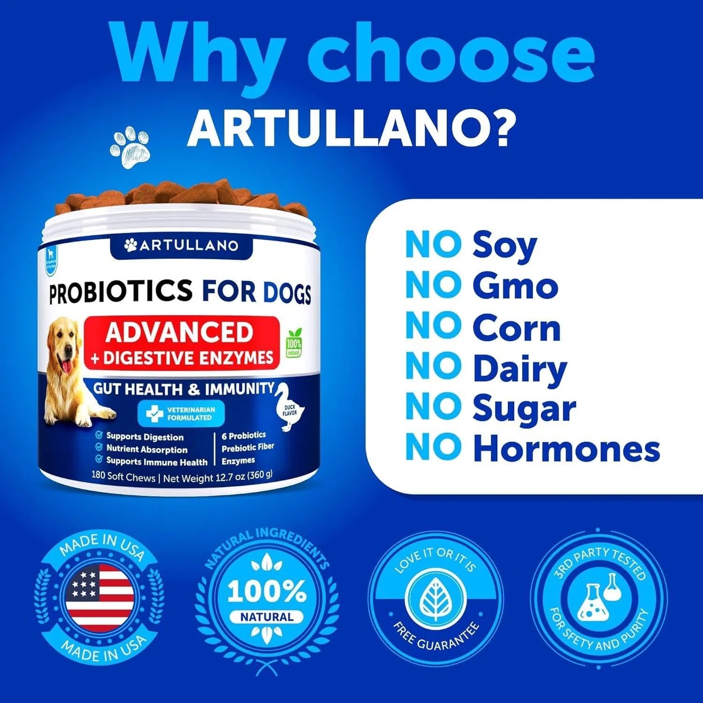 Dog Probiotic Chews - 180 Count with Digestive Enzymes & Prebiotics - Gut Health Support Relieve Itchy Skin, Allergies & Immune Boost Yeast Balance - Reduce Diarrhea, Gas & Constipation