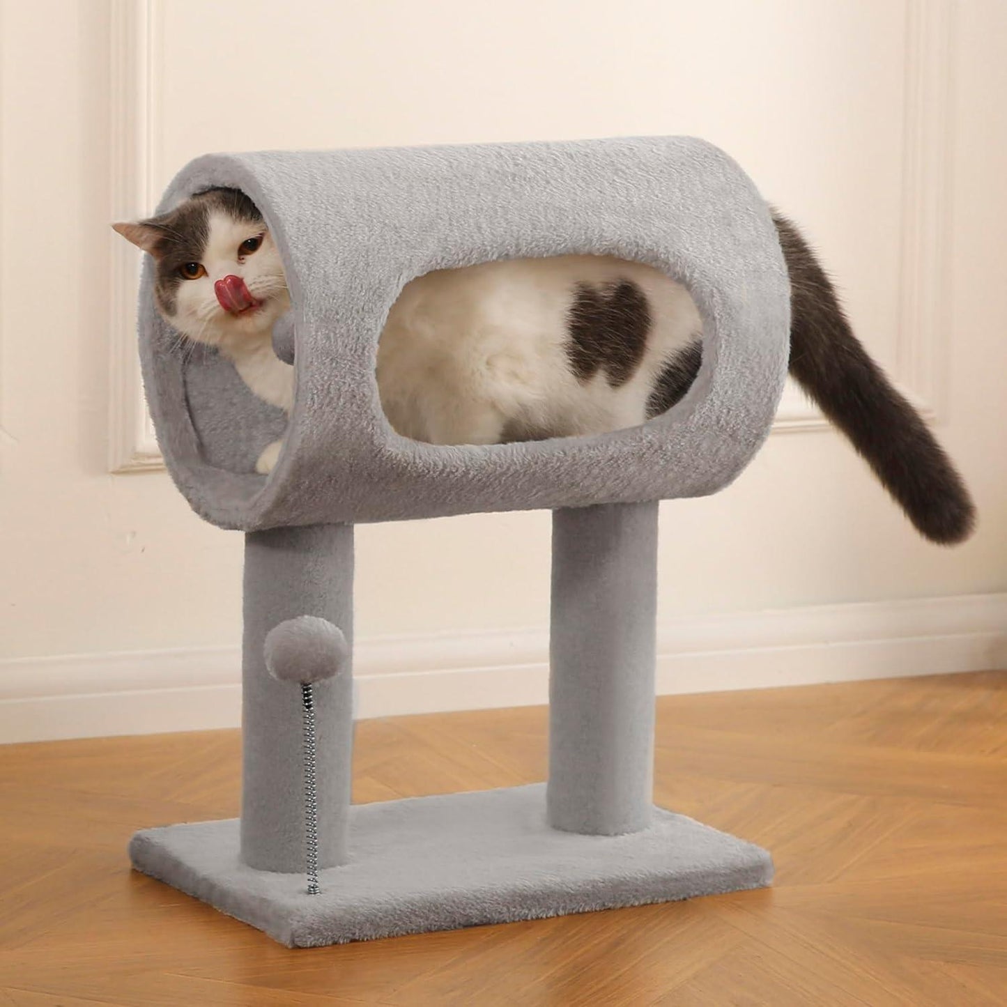 Premium Gray Indoor Cat Tree - 20.5in with Hanging Ball | Tunnel Bed, Scratching Post & Cat Tower