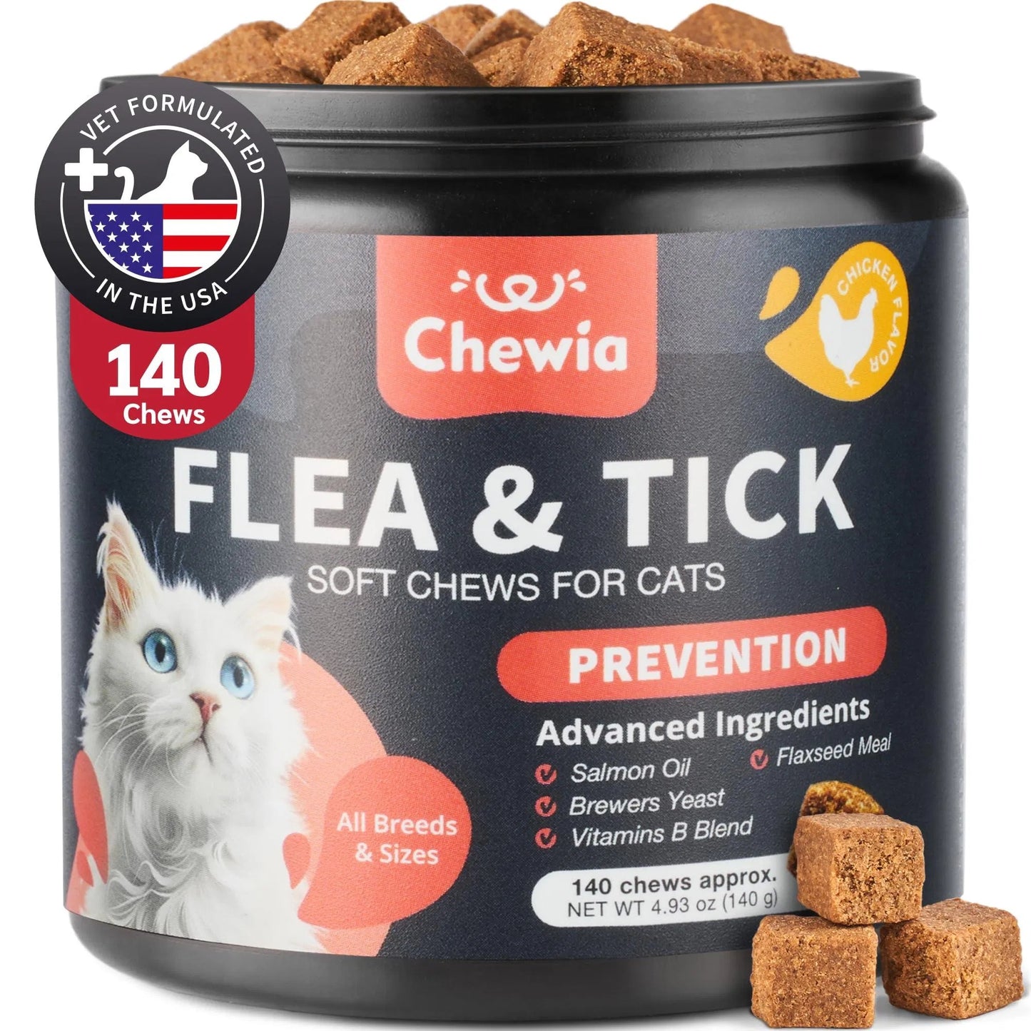 Flea & Tick Treatment for Cats - Daily Oral Soft Chews Natural Chicken Flavor Flea Tick Chews for All Breeds & Ages Safe Kitten Flea Treatment - Soft Treats for Daily Use