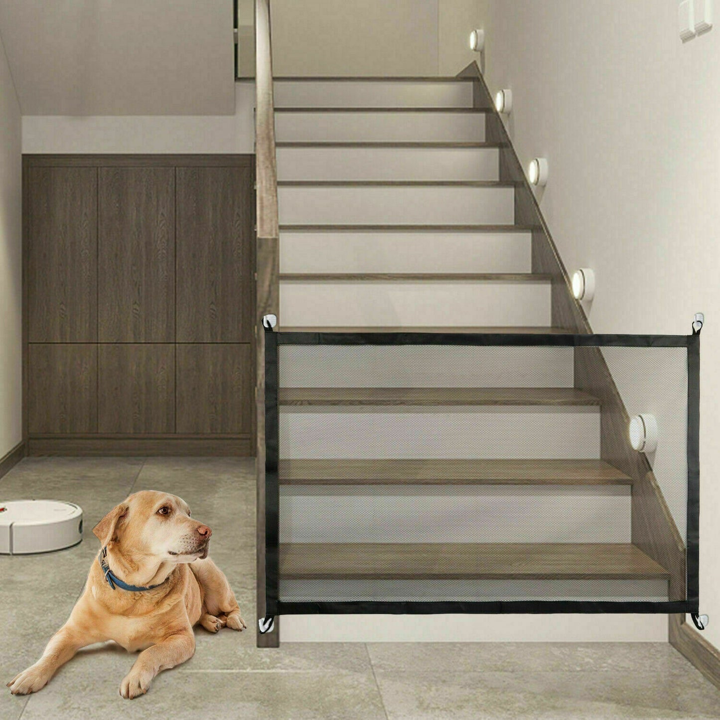 Magic Mesh Pet Safety Gate Portable Guard Net for Dogs Cats Babies Stairs Doors Indoor Outdoor Foldable Mesh Fence Easy Install Pet Barrier Gate with Safety Locks Adjustable Expandable Pet Supplies