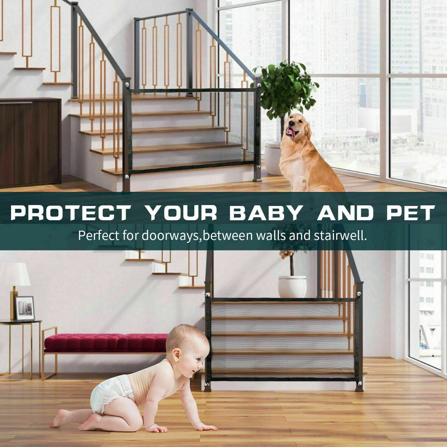 Magic Mesh Pet Safety Gate Portable Guard Net for Dogs Cats Babies Stairs Doors Indoor Outdoor Foldable Mesh Fence Easy Install Pet Barrier Gate with Safety Locks Adjustable Expandable Pet Supplies