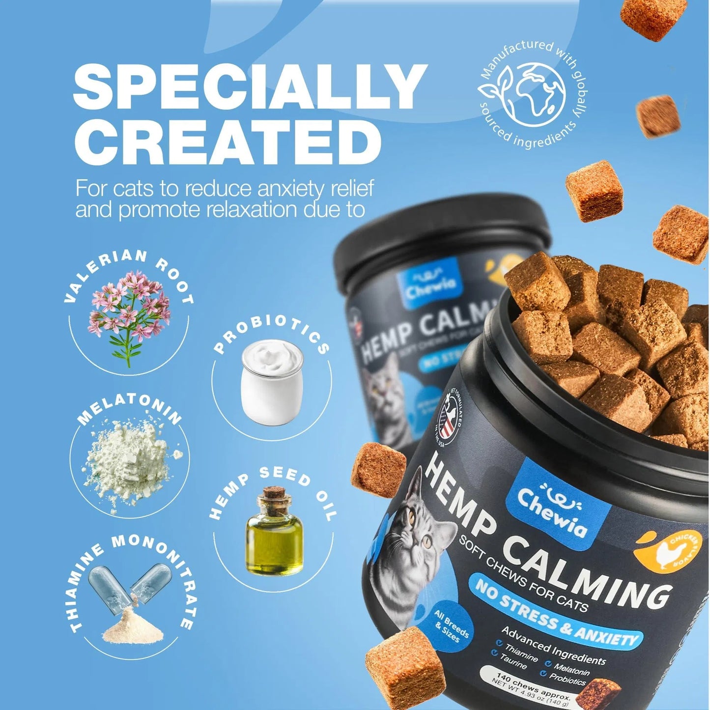 Natural Hemp & Melatonin Calming Treats for Cats with Hemp Seed Oil & Probiotics - Anxiety Relief Storms, Travel, Grooming & Separation - Soft Chews Feline Calming Aid for Stress & Daily Anxiety