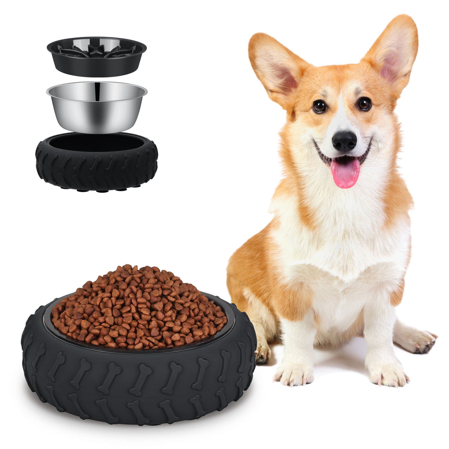 Stainless Steel Healthy Slow Feeder Bowl 3-in-1 Multifunctional Pet Bowl Tire Design Slow Feeding Drinking Bowl for Dogs Cats Anti-Choke Non-Slip Pet Food Bowl Durable Pet Supplies