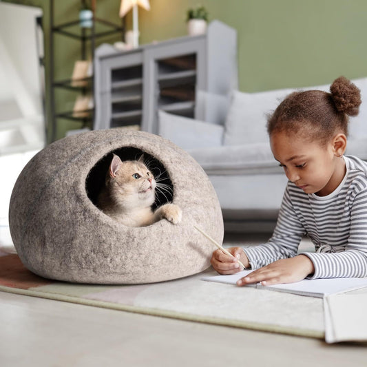 MEWOOFUN Handmade Wool Cat Cave Bed - Natural Felt Cat House For Indoor Cats & Kittens, Cozy Hideaway Pet Bed With Breathable Design Grey, Medium