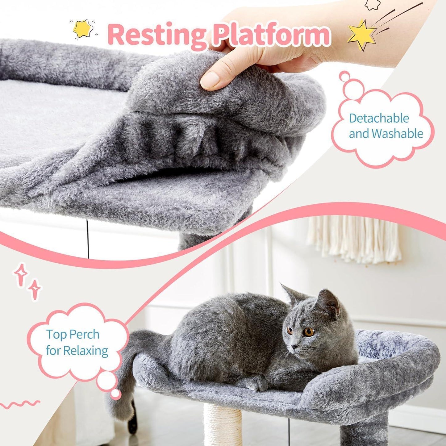 Small 4-in-1 Cat Tree Tower with Self-Grooming Brush Natural Sisal Scratching Post Soft Plush Bed Hanging Ball for Indoor Kittens