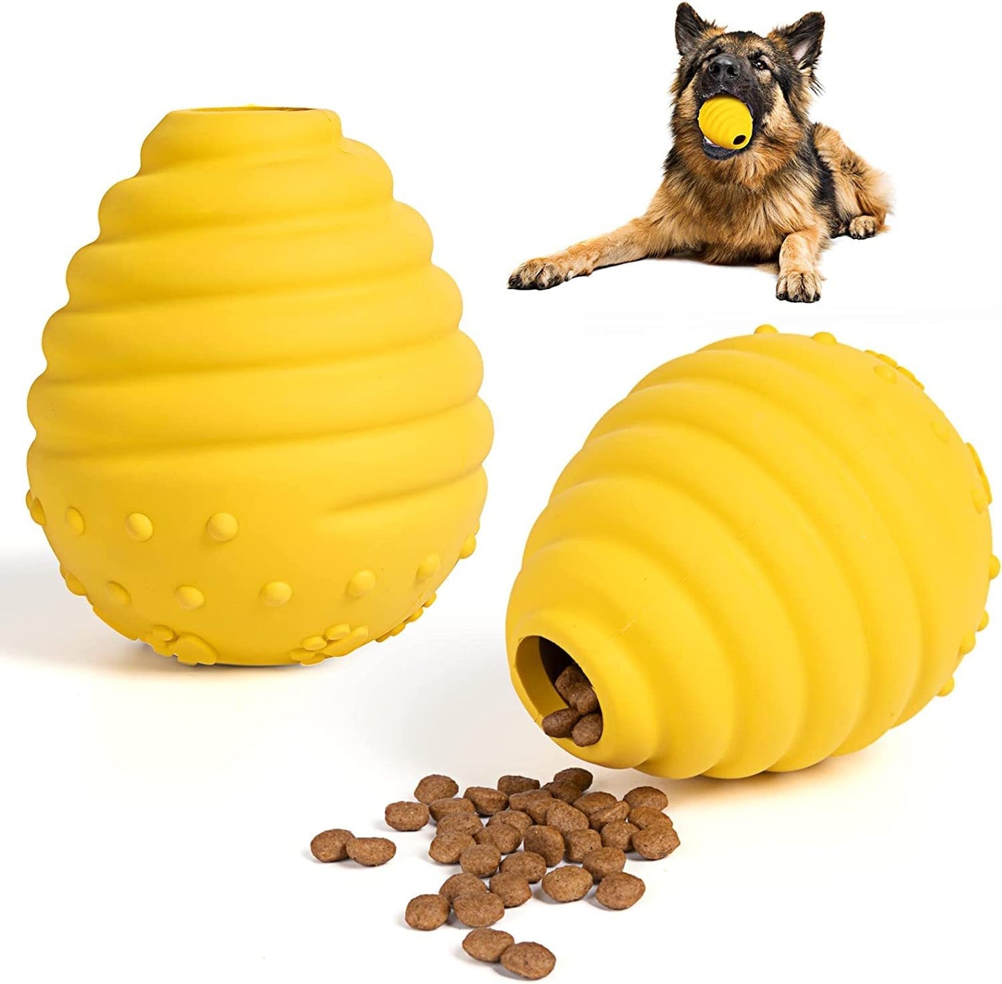 Yellow Egg-Shaped Dog Teething Toy Fetch Treat-Hiding Solo Play Interactive Dispenser Chew Toy for Puppies Dental Cleaning Durable Rubber Treat Puzzle Enrichment Toy