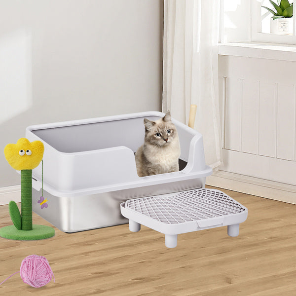 61x40x33CM Stainless Steel Plastic Litter Box Upper Lower Snap Type with Litter Spatula Foot Pad Grey
