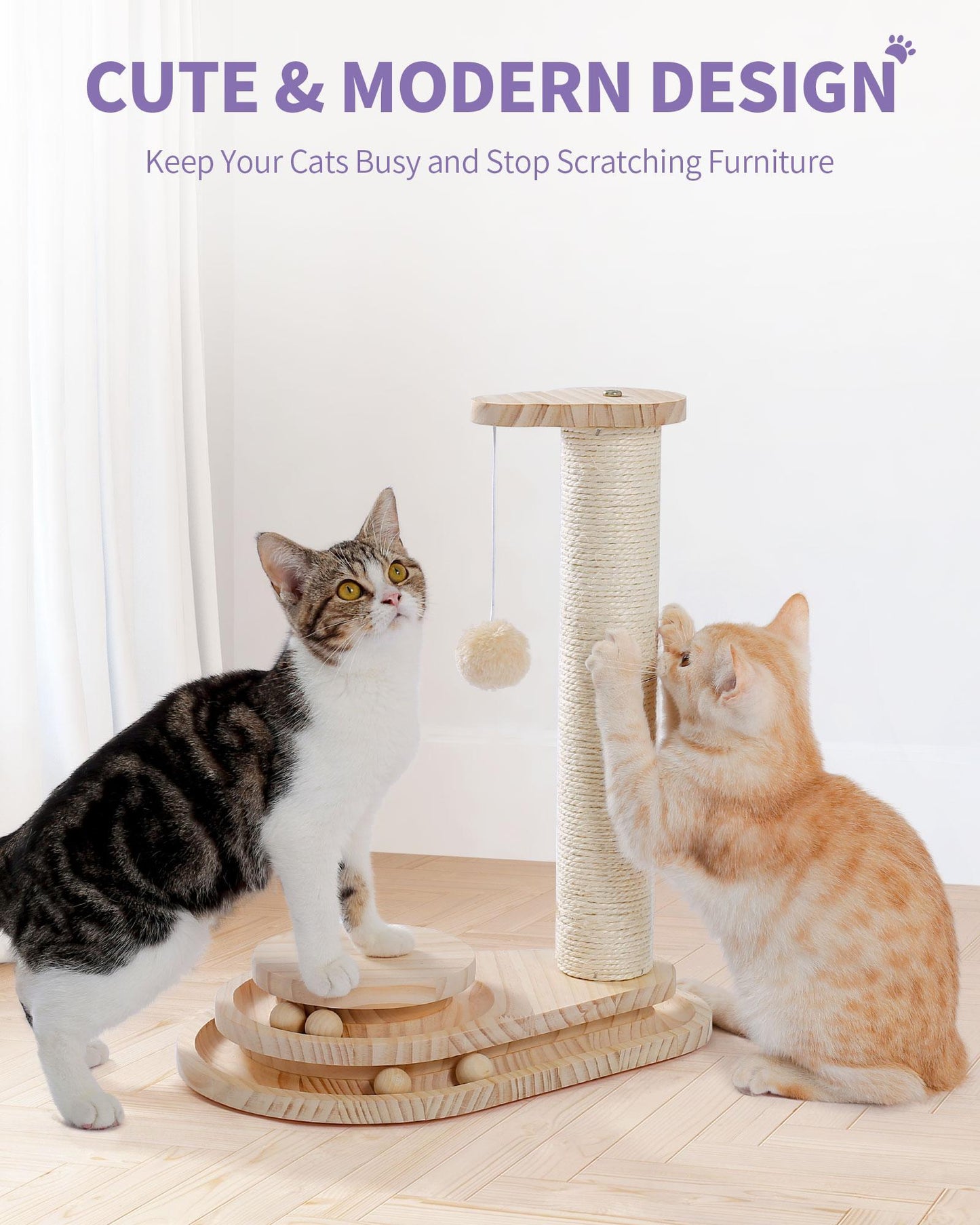Cat Scratcher Toy 2 Level Balls Natural Sisal Post Furry Ball Fun Protects Furniture Keeps Cats Busy Safe Durable for All Cat Ages Fits Home Decor