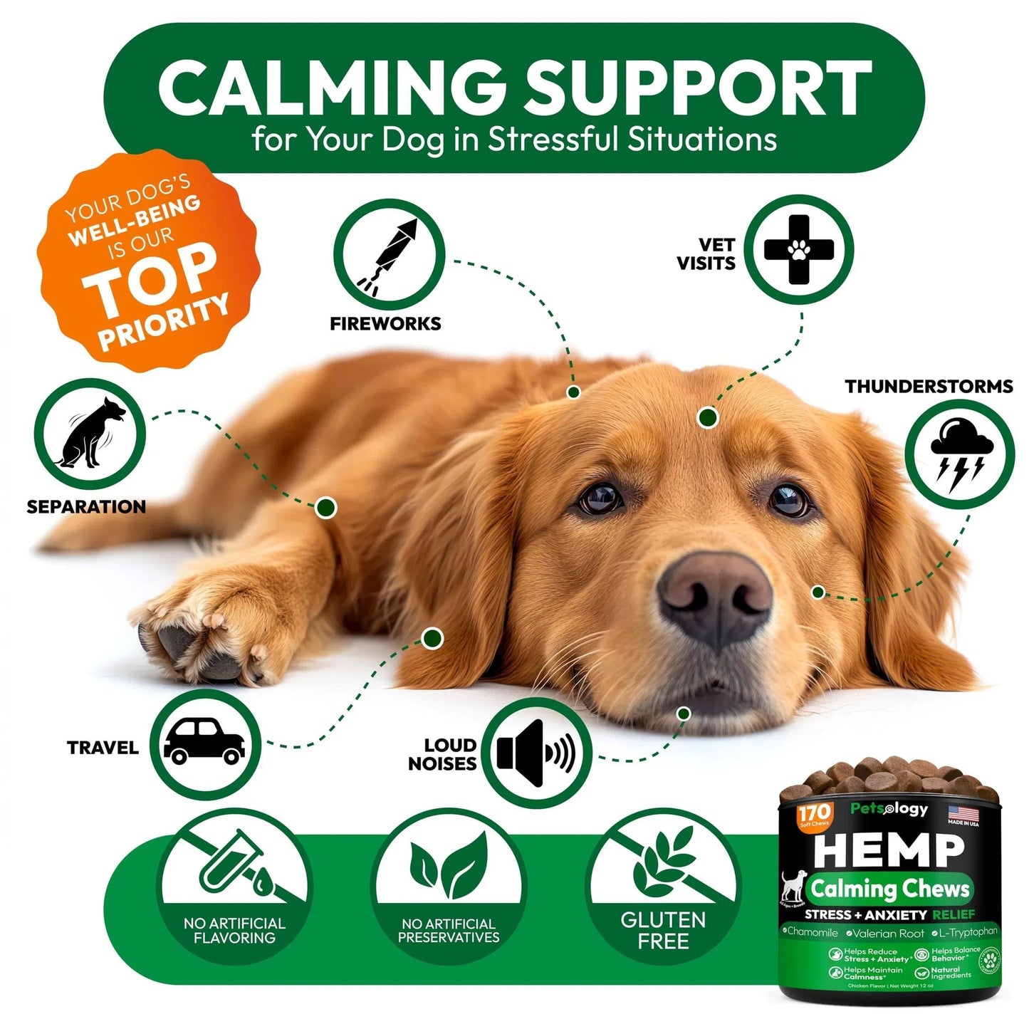 Natural Hemp Calming Chews for Dogs - Anxiety Relief 170-Count Soft Treats for Thunder, Fireworks & Separation Melatonin & Hemp Oil Formula - USA-Made, Vet-Formulated