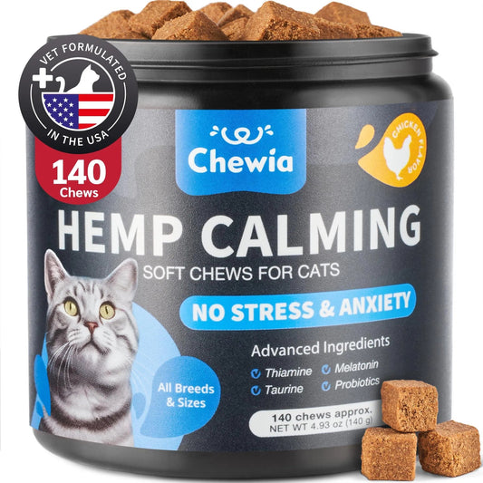 Natural Hemp & Melatonin Calming Treats for Cats with Hemp Seed Oil & Probiotics - Anxiety Relief Storms, Travel, Grooming & Separation - Soft Chews Feline Calming Aid for Stress & Daily Anxiety