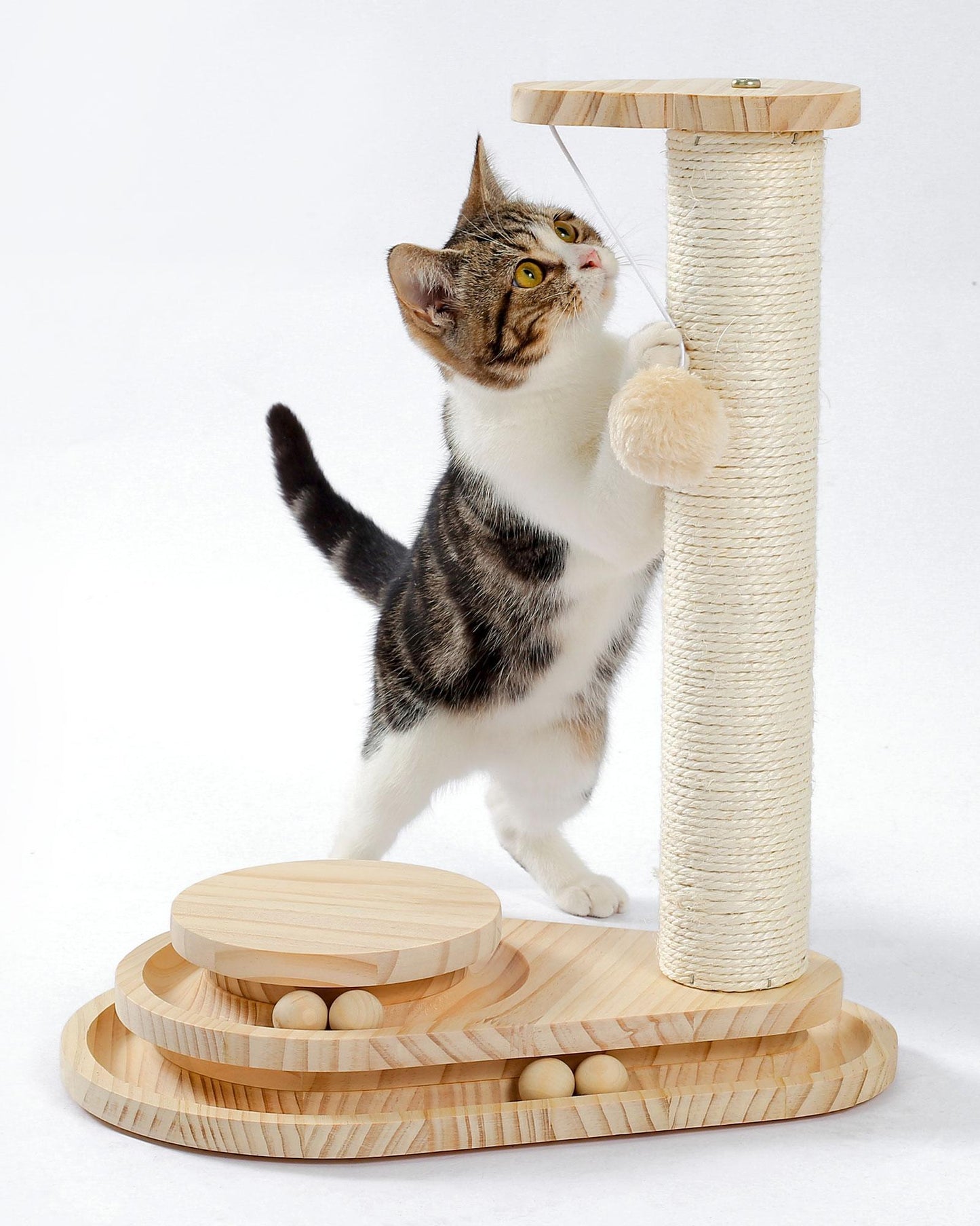 Cat Scratcher Toy 2 Level Balls Natural Sisal Post Furry Ball Fun Protects Furniture Keeps Cats Busy Safe Durable for All Cat Ages Fits Home Decor