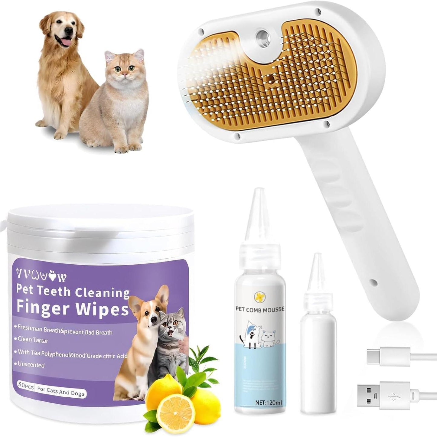 Universal 3 in 1 Pet Steam Brush for Cats Dogs Spray Hair Removal Comb with Waterless Shampoo Ear Towel Pet Grooming Tool for Home Travel Easy Grooming Deshedding Cleaning