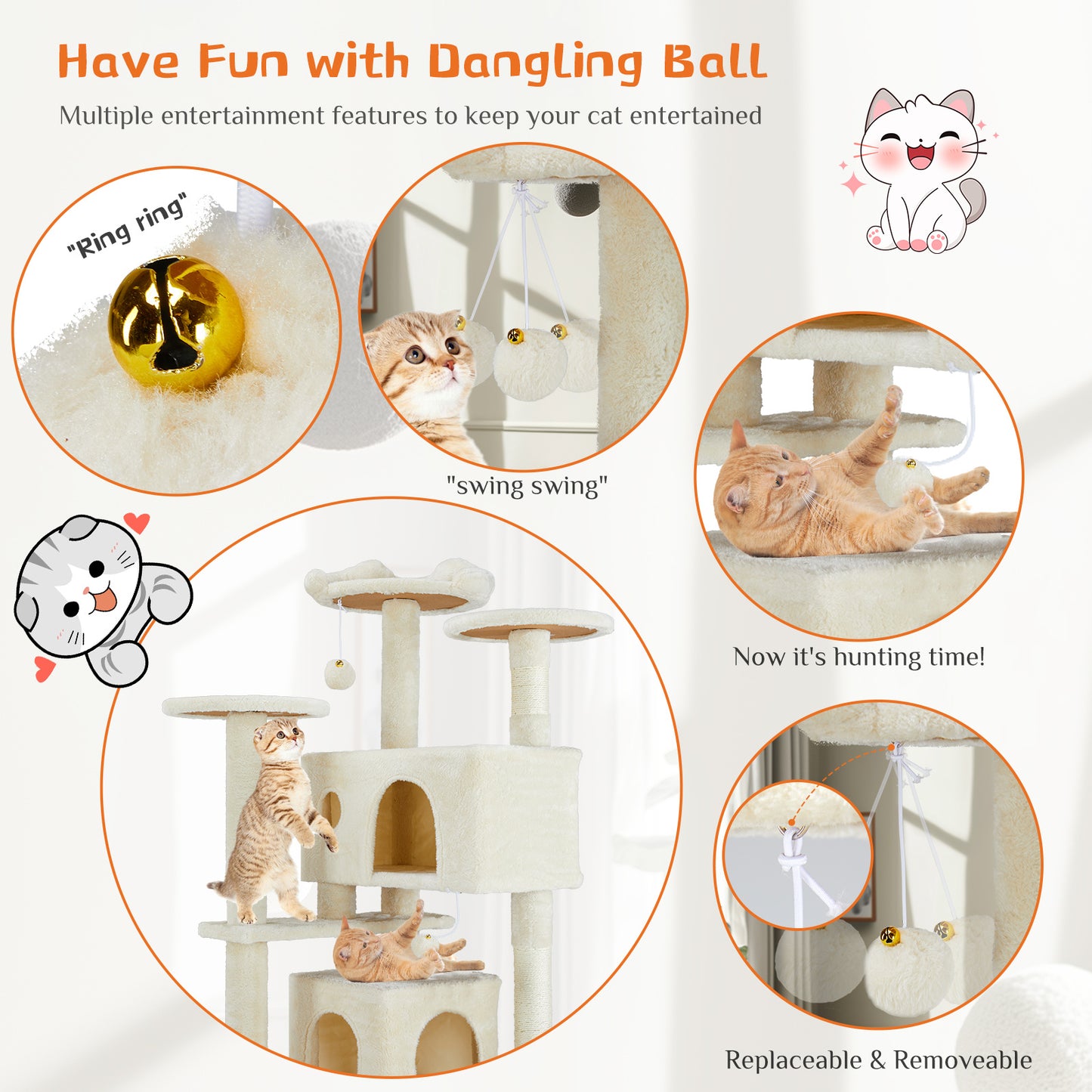 Multi-Functional Cat Treehouse Cat Climbing Frame with Scratching Posts Perches Hammock Toy Balls Sisal Rope Cat Activity Center for Indoor Cats Kittens Multi-Level Cat Furniture Scratch Resistant Pet Supplies