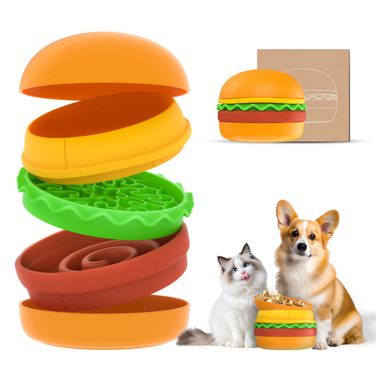 Hamburger - Shaped 5 - in - 1 Multi - layer Pet Bowl Set for Cats & Dogs: Top Bowl, Silicone Bowl, Dual Lick Mat, Slow Feeder, Non - slip Bowl