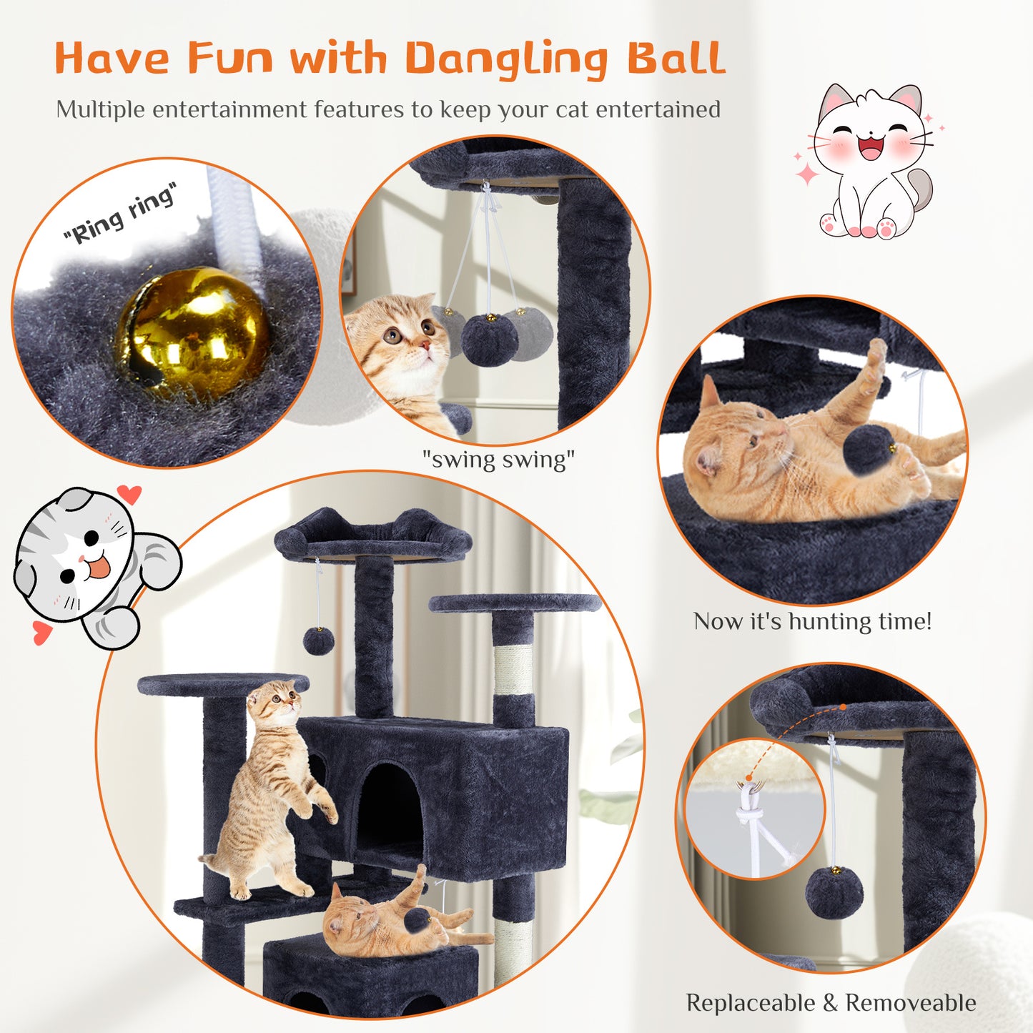 Multi-Functional Cat Treehouse Cat Climbing Frame with Scratching Posts Perches Hammock Toy Balls Sisal Rope Cat Activity Center for Indoor Cats Kittens Multi-Level Cat Furniture Scratch Resistant Pet Supplies