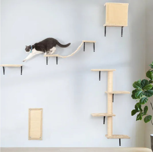 5 Pcs Wall Mounted Cat Climber Set Floating Cat Shelves Perches Activity Tree with Scratching Posts Modern Cat Furniture for Indoor Cats Wall Mounted Cat Steps Scratching Platforms Set