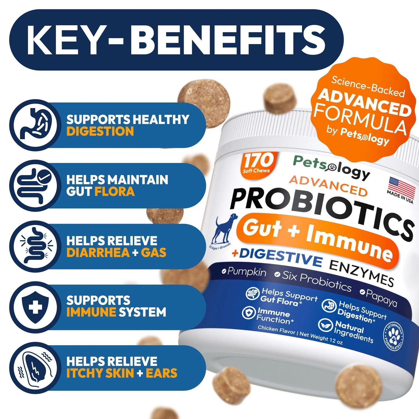 Probiotic Chews for Dogs - 170 Count with Digestive Enzymes & Prebiotics - Gut Health Support Relieves Diarrhea, Gas & Constipation - Allergy Itchy Skin Yeast Balance - All Breeds & Ages Pet Supplement