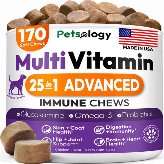 Vet - Recommended Dog Multivitamin Chews with Glucosamine - 170 Chews for Hip & Joint Health Support Immune, Skin, Coat, Gut & Heart Suitable for Senior Dogs & Puppies